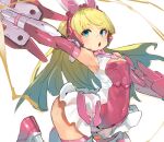  1girl 30_minutes_sisters arm_up blonde_hair blue_eyes breasts cleavage_cutout clothing_cutout covered_navel headset highres leg_up leotard lirinel_(30ms) long_hair looking_at_viewer mecha_musume mechanical_ears multicolored_leotard open_mouth pink_leotard simple_background small_breasts solo sunday_aki white_background 