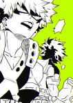  2boys adam's_apple bakugou_katsuki belt belt_buckle belt_pouch blank_speech_bubble bodysuit boku_no_hero_academia buckle chromatic_aberration collarbone commentary_request d: detached_sleeves eye_mask gloves green_background greyscale_with_colored_background hair_between_eyes hand_up hatching_(texture) highres linear_hatching looking_ahead male_focus mask midoriya_izuku multiple_boys nikaidou_iroha open_mouth partial_commentary pouch sanpaku short_hair simple_background snap-fit_buckle speech_bubble spiked_hair tank_top teeth tsurime twitter_username upper_body upper_teeth_only v-neck wrist_guards x_(symbol) 