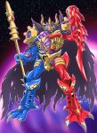  1boy black_cape cape chiisana_kyojin_microman:_uborg_senki_2010 claws commentary_request forehead_jewel full_body grin highres holding holding_polearm holding_weapon horns humanoid_robot looking_at_viewer male_focus microman mouth_hold multiple_heads official_artist_extra oyomesandazo planet polearm red_eyes robot sharp_teeth smile solo space spear standing star_(sky) teeth torn_cape torn_clothes villain_(microman) weapon weapon_in_mouth webbed_feet yellow_eyes 