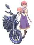  1girl apocalypse_hotel black_shoes braid brown_eyes brown_hair closed_mouth commentary_request cropped_jacket dress heel_up helmet highres holding holding_unworn_helmet jacket juliet_sleeves long_hair long_sleeves mary_janes motor_vehicle motorcycle open_clothes open_jacket pantyhose puffy_sleeves purple_dress purple_scarf saitou_sakae scarf shoes simple_background sleeve_cuffs smile solo standing twin_braids unworn_headwear unworn_helmet very_long_hair white_background white_jacket yachiyo_(apocalypse_hotel) yamaha yamaha_mt-09 