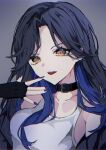  1girl belt_collar black_collar black_gloves black_hair black_jacket blue_hair blue_nails breasts chromatic_aberration collar collarbone colored_inner_hair commentary fingerless_gloves fingernails flan_chan gloves grey_background grey_tank_top hand_up highres jacket long_fingernails long_hair looking_at_viewer medium_breasts multicolored_hair nail_polish off_shoulder official_alternate_costume official_alternate_hairstyle open_clothes open_jacket open_mouth orange_eyes parted_bangs project_sekai shiraishi_an sidelocks simple_background solo tank_top upper_body watermark zozotown 