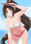 1girl absurdres bare_arms bare_shoulders bikini blue_sky blush breasts brown_eyes brown_hair cleavage cloud collarbone commentary english_commentary fatal_fury folding_fan hand_fan high_ponytail highres holding holding_fan large_breasts lhonert long_hair looking_at_viewer navel ocean open_mouth outdoors ponytail shiranui_mai sky solo stomach swimsuit the_king_of_fighters water 