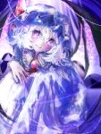  1girl bat_wings blush brooch commentary crying crying_with_eyes_open frilled_hat frills gem hair_between_eyes hat hat_ribbon highres huranndoru495 jewelry mob_cap parted_lips pink_eyes pink_hat pink_shirt purple_hair red_gem red_ribbon remilia_scarlet ribbon shirt short_hair smile solo tears touhou twitter_username wings 