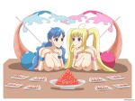  2girls ahoge bisected blonde_hair blue_eyes blue_hair breasts cannibalism commentary corpse death egg empty_eyes english_commentary guro highres houshou_hanon houshou_hanon_(mermaid) impaled long_hair lying medium_breasts merfolk mermaid mermaid_melody_pichi_pichi_pitch monster_girl multiple_girls nanami_lucia nanami_lucia_(mermaid) nipples oekaki on_stomach out_of_frame skewer topless_female twintails veiled616 