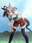  1girl ahoge animal_ears black_hair black_thighhighs blue_sky blush breasts breath cloud commentary_request gym_shirt hair_between_eyes hair_ornament highres horse_ears horse_girl horse_tail kitasan_black_(umamusume) leaning_forward medium_breasts multicolored_hair outdoors red_eyes red_shorts shirt short_hair short_sleeves shorts sky solo streaked_hair tail thighhighs tofu_thunder tracen_training_uniform umamusume white_hair white_shirt 