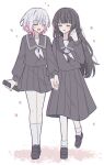  2girls absurdres black_hair black_sailor_collar black_serafuku black_shoes black_skirt closed_eyes closed_mouth commentary_request eh_1315 falling_petals fang gradient_hair highres holding holding_hands korean_commentary long_hair long_sleeves mahou_shoujo_no_majo_saiban multicolored_hair multiple_girls neckerchief nikaido_hiro open_mouth petals pink_hair sailor_collar sakuraba_ema school_uniform serafuku shoes short_hair simple_background skirt smile socks white_background white_hair white_neckerchief white_socks yuri 