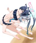 2girls animal_ear_fluff animal_ears assisted_stretching back-to-back bare_arms bare_legs bare_shoulders barefoot bikini blue_archive blue_bikini blue_eyes blue_hair blue_one-piece_swimsuit blue_ribbon blush breasts cat_ears collarbone commentary_request extra_ears feet full_body grey_hair groin hair_ribbon halo highres hizikit linea_alba locked_arms long_hair looking_at_viewer multiple_girls navel off-shoulder_bikini off_shoulder official_alternate_costume one-piece_swimsuit parted_lips red_eyes ribbon serika_(blue_archive) serika_(swimsuit)_(blue_archive) shiroko_(blue_archive) shiroko_(swimsuit)_(blue_archive) skinny small_breasts soles stomach swimsuit toes toned twintails wolf_ears 