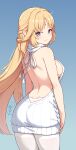  1girl absurdres alternate_breast_size_(larger) arms_at_sides ass back backless_sweater blonde_hair blue_background blue_eyes breasts chinese_commentary closed_mouth commentary_request cross-shaped_pupils english_commentary facial_mark forehead_mark from_behind genshin_impact gradient_background grey_background highres langbazi large_breasts long_hair looking_at_viewer looking_back mixed-language_commentary nicole_(genshin_impact) pantyhose pointy_ears sideboob smile solo star_(symbol) star_facial_mark symbol-shaped_pupils thighband_pantyhose variant_set very_long_hair virgin_killer_sweater white_pantyhose 
