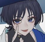  1boy :p aegyo_sal akanbe black_bodysuit black_bridal_gauntlets black_hair blue_cape blue_hat blue_jingasa blunt_ends bodysuit bridal_gauntlets cape choppy_bangs commentary_request eyelashes eyelid_pull eyeliner finger_to_eye fingernails genshin_impact gold_ring hat highres index_finger_raised itou_(very_ito) japanese_clothes jingasa kimono looking_at_viewer makeup male_focus mandarin_collar middle_ring open_clothes open_kimono portrait purple_eyes red_eyeliner scaramouche_(genshin_impact) shoulder_peek side_cape solo tongue tongue_out tsurime wanderer_(genshin_impact) white_background white_kimono 