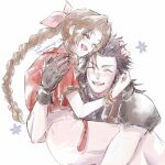  1boy 1girl aerith_gainsborough black_gloves black_hair black_sweater blush bracelet braid braided_ponytail brown_hair carrying carrying_person closed_eyes commentary_request couple crisis_core:_final_fantasy_vii cross_scar dress feet_out_of_frame final_fantasy final_fantasy_vii final_fantasy_vii_remake flower gloves gold_bangle hair_ribbon hand_on_another's_head happy hatidoricrisp heads_together hetero hug jacket jewelry open_mouth parted_bangs pink_dress pink_ribbon ponytail princess_carry red_jacket ribbon scar scar_on_cheek scar_on_face short_sleeves sleeveless sleeveless_turtleneck spiked_hair sweater turtleneck turtleneck_sweater twitter_username upper_body white_background zack_fair 