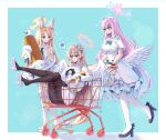  3girls :t absurdres animal_ears bird black_neckerchief black_pantyhose black_scrunchie blonde_hair blue_archive blue_background blush border brown_hair closed_mouth commentary_request cross_halo detached_sleeves dress feathered_wings flower fox_ears full_body hair_flower hair_ornament halo high_heels highres holding in_shopping_cart long_hair looking_at_another low_wings mika_(blue_archive) multiple_girls nagisa_(blue_archive) natie neckerchief pantyhose parted_lips pink_hair pink_halo pushing scrunchie seia_(blue_archive) shoe_dangle shoes shopping_cart sitting sleeveless sleeves_past_fingers sleeves_past_wrists spoken_squiggle squiggle standing tea_party_(blue_archive) tit_(bird) very_long_hair white_border white_dress white_flower white_pantyhose white_shoes white_wings wings yellow_eyes yellow_halo 