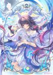  1girl bare_shoulders black_hair blue_flower blush bow chinese_commentary columbina_(genshin_impact) commentary_request dress flower genshin_impact gou_lianlian_dogface hair_ornament head_wings highres hug hugging_object long_hair long_sidelocks luonnotar_(genshin_impact) multicolored_hair purple_eyes purple_hair purple_streaks ribbon sidelocks smile solo streaked_hair two-tone_hair very_long_hair white_dress white_wings wings 