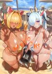 2girls 3boys absurdres animal_ears animal_print beach bell bikini blonde_hair blue_eyes blurry blurry_background body_writing breasts cinderella_(nikke) commentary cow_ears cow_horns cow_print cow_print_bikini curvy elegg_(nikke) fake_animal_ears fake_horns fake_tail goddess_of_victory:_nikke gold_bikini hair_over_eyes hair_over_one_eye highres horns huge_breasts jaws_(okdol0928) long_hair looking_at_viewer multiple_boys multiple_girls nail_polish neck_bell outdoors pig_ears pig_tail print_bikini sandals short_hair standing swimsuit tail tan tanlines thick_thighs thigh_strap thighs v white_hair 