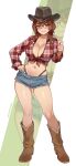  1girl absurdres black_hat blue_shorts boots bow braid breasts brown_boots brown_hair chance8000 cleavage commentary_request cowboy_hat cowgirl_(western) denim denim_shorts english_commentary freckles full_body glasses green_eyes hair_bow hair_ornament hand_on_own_hip hat highres large_breasts long_hair looking_at_viewer midriff mixed-language_commentary navel original panty_straps plaid_clothes plaid_shirt pointing pointing_at_viewer red_shirt shirt short_shorts shorts smile solo standing tied_shirt twin_braids white_bow 