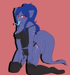  anthro big_breasts blue_fur breasts bulge canine corset demon dickgirl fangs fur garter_straps hair intersex legwear lingerie long_hair looking_at_viewer mammal mizuki nickll nipples panties plain_background pose samuraidemon scar solo stockings tongue tongue_out underwear wolf 