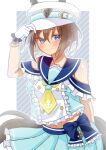  1girl alternate_costume animal_ears blue_eyes breasts brown_hair cheval_grand_(umamusume) closed_mouth commentary_request gloves hair_between_eyes hat highres horse_ears horse_girl horse_tail looking_at_viewer m_(pixiv_98360957) medium_breasts midriff navel revision simple_background smile solo tail umamusume 