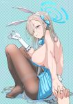  1girl animal_ears aqua_background asuna_(blue_archive) asuna_(bunny)_(blue_archive) bare_back bare_shoulders black_pantyhose blue_archive blue_eyes blue_halo blue_leotard bow bowtie breasts collar commentary_request fake_animal_ears fake_tail feet gloves grey_hair grid_background grin hair_over_one_eye hair_ribbon halo handjob_gesture highres hizikit holding_hands large_breasts leotard long_hair looking_at_viewer no_shoes official_alternate_costume one_eye_covered outstretched_arm pantyhose playboy_bunny pov pov_hands rabbit_ears rabbit_tail ribbon sexually_suggestive sideboob simple_background single_unworn_glove sitting smile soles tail thighband_pantyhose unworn_gloves white_gloves 