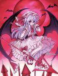  1girl absurdres alternate_hair_length_(longer) ascot bat_(animal) bat_wings bow brooch commentary_request fang flying frilled_skirt frilled_wrist_cuffs frills full_body full_moon hand_to_weapon hat hat_ribbon highres jewelry long_hair looking_at_viewer mob_cap moon open_mouth outdoors pink_hat pink_shirt pink_skirt pointy_ears polearm purple_hair red_ascot red_bow red_eyes red_moon red_sky red_wrist_cuffs remilia_scarlet ribbon shirt skin_fang skirt skirt_set sky sleeve_bow smile solo spear spear_the_gungnir suigyu_xxx touhou very_long_hair watermark weapon wings wrist_cuffs 