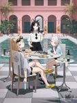  3girls absurdres alcohol animal_ear_piercing animal_ears black_hair black_sandals black_shorts black_skirt blonde_hair blue_shirt board_game bottle chair chess collared_shirt commentary_request cup dog_ears dog_girl dog_tail dolphin_shorts drinking_glass eyewear_hang eyewear_on_head food fruit glass_bottle grey_hair hand_on_own_cheek hand_on_own_face hawaiian_shirt head_rest highres holding holding_cup holding_food holding_popsicle kmnz lemon lita_(kmnz) long_hair medium_hair multicolored_hair multiple_girls nero_(kmnz) official_art on_chair outdoors palm_tree ponytail pool popsicle purple_eyes radio round_table sandals shirt shoes short_shorts shorts sitting skirt sneakers socks speaker standing sunglasses t-shirt table tail tina_(kmnz) tokaki tree two-tone_hair unworn_eyewear virtual_youtuber white_shirt white_socks wine wine_bottle wine_glass yellow_shoes 