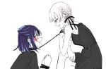  2girls bare_shoulders black_collar black_ribbon blue_eyes blue_hair blush bound bound_wrists braid braided_hair_rings cho_kaguya-hime! collar commentary cone_hair_bun crossed_legs from_side green_eyes hair_bun hair_ribbon hair_rings highres holding holding_leash kurokawa_rikuu leash looking_at_another multicolored_eyes multicolored_hair multiple_girls open_mouth partially_colored pink_hair profile purple_eyes purple_hair ribbon runami_yachiyo runami_yachiyo_(wego) sakayori_iroha sakayori_iroha_(wego) short_hair simple_background sitting smile two-tone_eyes two-tone_hair untranslatable_commentary white_background white_hair yuri 