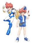  1boy arm_cannon armor armored_boots belt belt_buckle blue_armor blue_belt blue_jacket blue_shoes blue_shorts bodysuit boots breast_pocket buckle cable chiisana_kyojin_microman:_uborg_senki_2010 clenched_hand commentary_request fanny_pack full_body hand_up highres holding jacket male_focus male_protagonist_(chiisana_kyojin_microman:_uborg_senki_2010) microman multiple_views official_artist_extra open_clothes open_jacket open_mouth oyomesandazo pocket red_eyes red_hair shirt shoes short_hair short_shorts short_sleeves shorts simple_background smile socks standing standing_on_one_leg watch weapon white_background white_bodysuit white_shirt white_socks wristwatch 