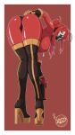  absurdres bento black_boots black_gloves bodysuit boots breasts formicid full_body gas_mask gloves high_heel_boots high_heels highres holding_flare_gun large_breasts long_hair long_sleeves looking_at_viewer looking_back mask ponytail pyro_(tf2) red_bodysuit red_eyes red_hair red_pyro_(tf2) sidelocks standing team_fortress_2 thigh_boots 
