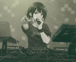  1girl artist_name cable commentary_request computer covered_mouth dj foreshortening green_theme hatching_(texture) head_tilt headphones headphones_around_neck holding holding_microphone kensight328 laptop linear_hatching looking_at_viewer microphone mixing_console monochrome muted_colors original pointing pointing_at_viewer print_shirt shirt short_hair short_sleeves signature solo t-shirt upper_body v-shaped_eyebrows wristband 