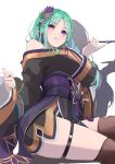  1girl absurdres braid breasts commentary flower ft_erzalove green_hair green_nails hair_ornament highres holding holding_smoking_pipe japanese_clothes large_breasts long_hair long_sleeves looking_at_viewer multicolored_hair nail_polish obi off_shoulder purple_eyes purple_streaks sash shadow side_ponytail simple_background single_bare_shoulder sitting smoking_pipe solo streaked_hair thigh_strap thighhighs thighs virtual_youtuber vspo! white_background wide_sleeves yakumo_beni yakumo_beni_(6th_costume) 
