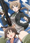  2girls absurdres animal_ears anti-materiel_rifle black_jacket blue_sky blush boys_anti_tank_rifle braid brown_eyes brown_hair cat_ears cat_girl cat_tail cloud cloudy_sky collarbone commentary_request dog_ears dog_girl flying green_eyes green_necktie gun highres holding holding_gun holding_weapon jacket long_hair looking_at_another lynette_bishop military_uniform miyafuji_yoshika multiple_girls necktie no_pants open_mouth panties poyopoyotaishi rifle school_uniform shirt short_hair single_braid sky sniper_rifle spread_legs strike_witches striker_unit sweat sweater_vest tail underwear weapon white_panties white_shirt world_witches_series 