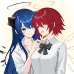  2girls :d arknights black_bow black_bowtie black_halo blue_eyes blue_hair blush bow bowtie buttons collarbone collared_shirt commentary_request detached_wings dress_shirt exusiai_(arknights) grin hair_between_eyes halo hand_up highres long_hair long_sleeves looking_at_another mostima_(arknights) multiple_girls open_mouth partial_commentary red_hair shirt short_hair smile traditional_halo turbidpeachzz upper_body white_shirt wings yellow_background yellow_eyes yellow_halo 