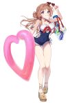  1girl absurdres arm_up bag bare_shoulders blue_eyes blue_one-piece_swimsuit breasts brown_hair brown_sandals casual_one-piece_swimsuit chobi_(penguin_paradise) cleavage commentary covered_navel frilled_one-piece_swimsuit frills full_body gakuen_idolmaster heart heart-shaped_eyewear highres himesaki_rinami holding holding_removed_eyewear idolmaster innertube long_hair medium_breasts one-piece_swimsuit plastic_bag red-framed_eyewear sandals simple_background smile solo sunglasses swim_ring swimsuit transparent unworn_eyewear very_long_hair white_background 