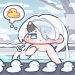  1girl :t aya_(trickcal) bathing black_horns blue_eyes blush_stickers breasts chibi chibi_only cleavage closed_mouth cloud commentary_request day hair_intakes hair_over_one_eye horns korean_commentary long_hair monyami naked_towel onsen outdoors puff_of_air single_horn snow solo towel tree trickcal white_hair 