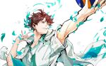  1boy aoba_johsai_volleyball_uniform ball brown_eyes brown_hair chinese_commentary closed_mouth commentary_request haikyuu!! highres holding holding_ball jacket jacket_on_shoulders male_focus oikawa_tooru_(haikyuu!!) short_hair simple_background solo sportswear teeth track_jacket unzipped upper_body volleyball_(object) volleyball_uniform watermark weibo_username weibo_watermark white_background white_jacket yuan_jessie0430 