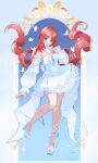  1girl absurdres alternate_costume aqua_eyes bare_shoulders blue_dress blue_flower blue_gem blue_shoes blue_sleeves blush bow bowtie breasts cleavage closed_mouth commentary_request detached_sleeves dress floating_hair flower full_body gem genshin_impact hand_up high_heels highres long_hair long_sleeves looking_at_viewer marufus medium_breasts nilou_(genshin_impact) partial_commentary petticoat shoes smile solo standing standing_on_one_leg strapless strapless_dress twintails very_long_hair white_bow white_bowtie 