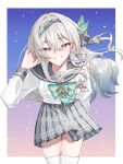  1girl absurdres collared_shirt commentary_request cowboy_shot firefly_(honkai:_star_rail) firefly_(spring_missive)_(honkai:_star_rail) gradient_hair grey_hair grey_hairband grey_ribbon grey_sailor_collar grey_skirt grin hair_between_eyes hair_intakes hair_ornament hair_ribbon hairband hand_in_own_hair hand_up highres honkai:_star_rail honkai_(series) leaning_forward long_hair makikomare multicolored_hair name_tag official_alternate_costume outside_border pleated_skirt ribbon sailor_collar school_uniform serafuku shirt skirt smile solo thighhighs twitter_username white_shirt white_thighhighs 