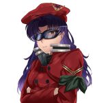  1girl absurdres adjusting_eyewear armband black_sweater blue_eyes blue_hairband bodysuit brown_hair buttons coat commentary crossed_arms double-breasted evangelion:_3.0_you_can_(not)_redo glasses goggles hairband hand_on_eyewear hand_on_own_hip hand_up hat high_collar highres hile_lawrence katsuragi_misato long_hair looking_at_viewer military_hat military_uniform neon_genesis_evangelion orange_eyes pink_bodysuit purple_hair rebuild_of_evangelion red-framed_eyewear red_coat red_hat sidelocks solo sweater turtleneck twintails upper_body white_background 