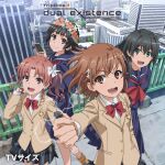  4girls :d album_cover album_name attacking_viewer black_hair blue_eyes blue_sailor_collar blue_serafuku blue_skirt bow bowtie brown_eyes brown_hair building cellphone choppy_bangs coin collared_shirt commentary copper_(metal) cover day electricity electrokinesis emblem floating_hair flower fripside group_name hair_bow hair_flower hair_ornament head_wreath highres holding holding_coin holding_phone long_hair looking_at_viewer medium_hair medium_skirt miniskirt misaka_mikoto multiple_girls neckerchief official_art on_rooftop outdoors outstretched_arm parted_hair phone plaid_clothes plaid_skirt pleated_skirt railgun_(misaka_mikoto) railing red_bow red_bowtie red_neckerchief sailor_collar sakugawa_school_uniform saten_ruiko school_emblem school_uniform serafuku shirai_kuroko shirt short_hair side_part skirt smartphone smile tanaka_yuuichi toaru_kagaku_no_railgun toaru_kagaku_no_railgun_t toaru_majutsu_no_index tokiwadai_school_uniform twintails uiharu_kazari white_bow white_shirt winter_uniform 