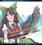  akagashi_hagane alternate_weapon arm_cannon bad_id bad_pixiv_id black_hair black_wings blush bow closed_eyes glowing glowing_weapon hair_bow letterboxed long_hair open_mouth puffy_sleeves reiuji_utsuho shirt short_sleeves skirt smile solo tears third_eye touhou weapon wings 