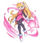  1girl absurdres blonde_hair blue_eyes bodysuit breasts ciel_(mega_man) commission commissioner_upload dress eyelashes fanged_bangs floating full_body gloves headset helmet highres kiauwrenn knees leggings long_hair looking_at_viewer mega_man_(series) mega_man_x_(series) mega_man_x_dive mega_man_zero_(series) non-web_source open_hands open_mouth palms pink_dress ponytail shoes simple_background small_breasts smile standing standing_on_one_leg tiptoes transparent_background vest white_gloves 