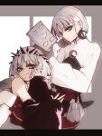  1boy 1girl bare_shoulders black_dress black_shirt black_sleeves book braid colored_inner_hair commentary crescent crescent_earrings detached_sleeves dress dual_persona earrings fate/grand_order fate_(series) francesca_prelati_(fate) francesca_prelati_(third_ascension)_(fate) francois_prelati_(fate) francois_prelati_(third_ascension)_(fate) grey_dress grey_hair head_spikes highres jewelry long_hair long_sleeves looking_at_viewer matsumuraaoko multicolored_hair parted_bangs puffy_shorts red_eyes red_shorts ringed_eyes shirt short_hair shorts smile twin_braids two-tone_dress white_hair white_shirt 