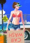  1girl aqua_shorts arms_at_sides artist_name bicycle bikini bikini_bottom_under_shorts bikini_under_clothes blue_sky boombox breasts breasts_apart brown_hair bucket car chain-link_fence cloud commentary_request covered_eyes day denim denim_shorts english_text facing_to_the_side feet_out_of_frame fence fukuyoshi_rokka green_visor_cap high_ponytail highleg highleg_bikini highres holding holding_sign hose linea_alba medium_breasts motor_vehicle navel no_shirt orange_bikini original outdoors palm_tree parted_lips ponytail road_sign short_hair short_shorts shorts sign sky solo sponge standing stomach string_bikini summer swimsuit tree visor_cap 