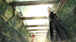  1boy 1girl aerith_gainsborough black_boots black_coat black_gloves black_pants boots braid braided_ponytail brown_hair coat commentary cropped_jacket dress english_commentary facing_away final_fantasy final_fantasy_vii from_below gloves grey_hair hair_ribbon highres jacket kiri_megumi long_coat long_hair pants parted_bangs pink_dress pink_ribbon plant red_jacket ribbon sephiroth single_braid vines 