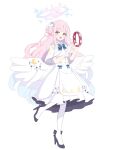  1girl absurdres angel_wings blue_archive blue_hair blush breasts capelet dress feathered_wings full_body gradient_hair gradient_halo hair_bun hair_ornament halo highres large_breasts long_hair looking_at_viewer low_wings mika_(blue_archive) multicolored_hair multicolored_halo open_mouth pink_hair pink_halo riel_choco simple_background single_side_bun smile solo very_long_hair white_background white_capelet white_dress white_wings wing_ornament wings yellow_eyes 