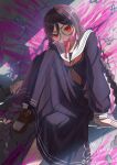  1girl absurdres blood blood_on_face blood_on_leg blood_on_wall braid brown_shoes collared_shirt colored_blood commentary_request crack danganronpa:_trigger_happy_havoc danganronpa_(series) donidemonare000 fukawa_toko genocider_sho glasses hair_between_eyes highres holding holding_scissors holding_weapon loafers long_hair long_skirt long_sleeves mole mole_under_mouth neckerchief pink_blood purple_hair purple_serafuku purple_shirt purple_skirt red_eyes red_neckerchief round_eyewear sailor_collar school_uniform scissors serafuku shadow shirt shoes sitting skirt skirt_set socks solo twin_braids twintails weapon white_sailor_collar white_socks 