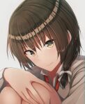  1girl blush brown_eyes brown_hair close-up closed_mouth collared_shirt commentary_request fumei_(mugendai) grey_background hair_ribbon hand_on_own_knee knees long_sleeves looking_at_viewer missing_headwear necktie partially_unbuttoned red_necktie ribbon shirt short_hair sitting smile solo touhou usami_renko white_ribbon white_shirt 