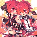  bad_id bad_pixiv_id blush checkered checkered_background coat dual_persona elsword elsword_(character) fingerless_gloves gloves gradient gradient_background long_hair lord_knight_(elsword) male_focus midriff no_nose one_eye_closed pink_background ponytail red_eyes red_hair rune_slayer_(elsword) smile utm v yellow_background 