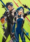 2boys blue_eyes blue_hair bodysuit collar commentary_request eyebrow_cut green_background hand_up hayate_immelmann helmet looking_at_viewer macross macross_delta mecha_pilot_suit messer_ihlefeld mita_chisato mohawk multiple_boys navel official_art open_mouth 