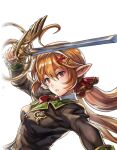  1girl another_eden another_eden_art_team arm_up black_jacket blazer breasts brown_hair elf from_side hair_ornament hair_ribbon holding holding_sword holding_weapon jacket long_hair long_sleeves low_twintails lowres medium_breasts official_art outstretched_arm parted_lips plaid_clothes pointy_ears red_eyes red_ribbon ribbon ruina_(another_eden) school_uniform simple_background solo sword tachi-e third-party_source transparent_background twintails upper_body variant_set very_long_hair weapon x_hair_ornament 
