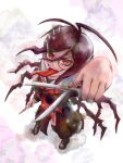  1girl absurdres antenna_hair black_shoes blood blood_on_weapon brown_serafuku brown_shirt brown_skirt collared_shirt colored_blood commentary_request danganronpa_(series) danganronpa_another_episode:_ultra_despair_girls fangs from_above fukawa_toko full_body genocider_sho glasses hair_between_eyes hair_ornament hairclip hibiki_ki_au highres holding holding_scissors holding_weapon long_hair long_sleeves long_tongue messy_hair mole mole_under_mouth neckerchief open_mouth pink_blood purple_hair red_eyes red_neckerchief round_eyewear sailor_collar school_uniform scissors serafuku shirt shoes skirt skirt_set smile solo teeth tongue tongue_out torn_clothes torn_neckerchief torn_skirt upper_teeth_only v-shaped_eyebrows weapon white_background white_sailor_collar 