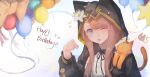  1girl :d ;d absurdres animalization arknights balloon black_jacket black_ribbon blue_eyes brown_hair commentary fang flower gold gold_jewelry hand_up happy_birthday highres hood hood_up hooded_jacket jacket jewelry long_hair long_sleeves looking_at_viewer mumu_millhayes neck_ribbon notice_lines one_eye_closed open_clothes open_jacket open_mouth papyrus_(arknights) pepe_(arknights) ribbon single_paw_pose skin_fang smile solo untranslatable_commentary white_flower 